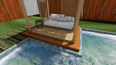 Memleketin peyzaj tasarımının 3 boyutlu görüntüsü. Bölgenin peyzajı. Birleşik peyzaj ve peyzaj çözümlerinin bilgisayar görselleştirmesi.