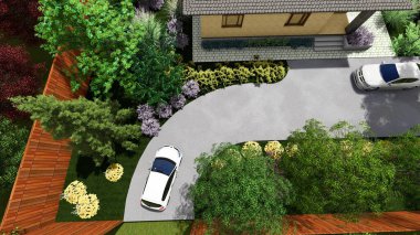 Memleketin peyzaj tasarımının 3 boyutlu görüntüsü. Bölgenin peyzajı. Birleşik peyzaj ve peyzaj çözümlerinin bilgisayar görselleştirmesi.