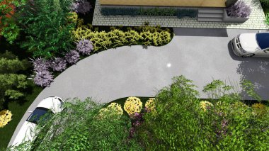 Memleketin peyzaj tasarımının 3 boyutlu görüntüsü. Bölgenin peyzajı. Birleşik peyzaj ve peyzaj çözümlerinin bilgisayar görselleştirmesi.