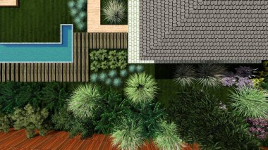 Memleketin peyzaj tasarımının 3 boyutlu görüntüsü. Bölgenin peyzajı. Birleşik peyzaj ve peyzaj çözümlerinin bilgisayar görselleştirmesi.