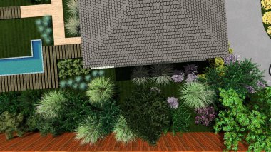 Memleketin peyzaj tasarımının 3 boyutlu görüntüsü. Bölgenin peyzajı. Birleşik peyzaj ve peyzaj çözümlerinin bilgisayar görselleştirmesi.