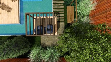 Memleketin peyzaj tasarımının 3 boyutlu görüntüsü. Bölgenin peyzajı. Birleşik peyzaj ve peyzaj çözümlerinin bilgisayar görselleştirmesi.