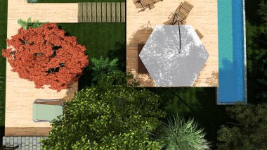 Memleketin peyzaj tasarımının 3 boyutlu görüntüsü. Bölgenin peyzajı. Birleşik peyzaj ve peyzaj çözümlerinin bilgisayar görselleştirmesi.