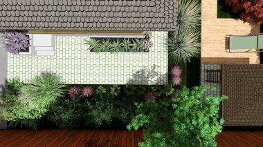 Memleketin peyzaj tasarımının 3 boyutlu görüntüsü. Bölgenin peyzajı. Birleşik peyzaj ve peyzaj çözümlerinin bilgisayar görselleştirmesi.