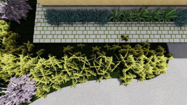 Memleketin peyzaj tasarımının 3 boyutlu görüntüsü. Bölgenin peyzajı. Birleşik peyzaj ve peyzaj çözümlerinin bilgisayar görselleştirmesi.