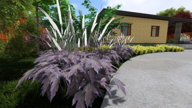 Memleketin peyzaj tasarımının 3 boyutlu görüntüsü. Bölgenin peyzajı. Birleşik peyzaj ve peyzaj çözümlerinin bilgisayar görselleştirmesi.