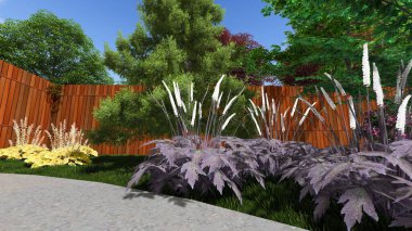 Memleketin peyzaj tasarımının 3 boyutlu görüntüsü. Bölgenin peyzajı. Birleşik peyzaj ve peyzaj çözümlerinin bilgisayar görselleştirmesi.