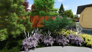 Memleketin peyzaj tasarımının 3 boyutlu görüntüsü. Bölgenin peyzajı. Birleşik peyzaj ve peyzaj çözümlerinin bilgisayar görselleştirmesi.