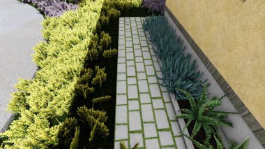 Memleketin peyzaj tasarımının 3 boyutlu görüntüsü. Bölgenin peyzajı. Birleşik peyzaj ve peyzaj çözümlerinin bilgisayar görselleştirmesi.