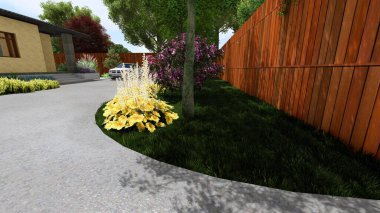 Memleketin peyzaj tasarımının 3 boyutlu görüntüsü. Bölgenin peyzajı. Birleşik peyzaj ve peyzaj çözümlerinin bilgisayar görselleştirmesi.