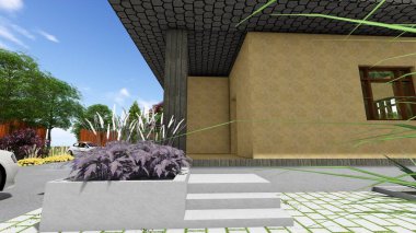 Memleketin peyzaj tasarımının 3 boyutlu görüntüsü. Bölgenin peyzajı. Birleşik peyzaj ve peyzaj çözümlerinin bilgisayar görselleştirmesi.