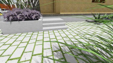 Memleketin peyzaj tasarımının 3 boyutlu görüntüsü. Bölgenin peyzajı. Birleşik peyzaj ve peyzaj çözümlerinin bilgisayar görselleştirmesi.