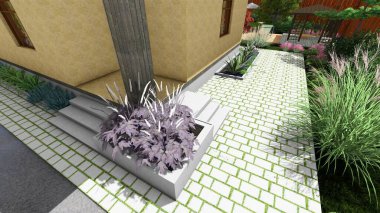 Memleketin peyzaj tasarımının 3 boyutlu görüntüsü. Bölgenin peyzajı. Birleşik peyzaj ve peyzaj çözümlerinin bilgisayar görselleştirmesi.