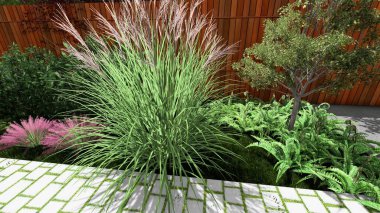 Memleketin peyzaj tasarımının 3 boyutlu görüntüsü. Bölgenin peyzajı. Birleşik peyzaj ve peyzaj çözümlerinin bilgisayar görselleştirmesi.