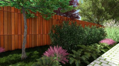 Memleketin peyzaj tasarımının 3 boyutlu görüntüsü. Bölgenin peyzajı. Birleşik peyzaj ve peyzaj çözümlerinin bilgisayar görselleştirmesi.