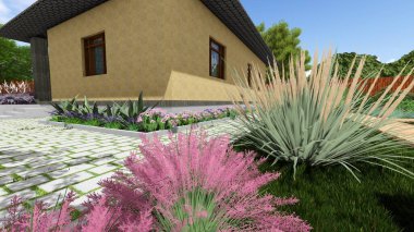 Memleketin peyzaj tasarımının 3 boyutlu görüntüsü. Bölgenin peyzajı. Birleşik peyzaj ve peyzaj çözümlerinin bilgisayar görselleştirmesi.