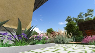 Memleketin peyzaj tasarımının 3 boyutlu görüntüsü. Bölgenin peyzajı. Birleşik peyzaj ve peyzaj çözümlerinin bilgisayar görselleştirmesi.