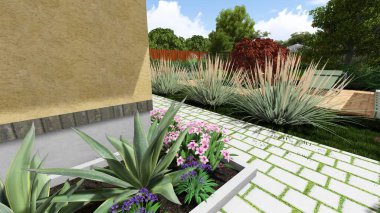 Memleketin peyzaj tasarımının 3 boyutlu görüntüsü. Bölgenin peyzajı. Birleşik peyzaj ve peyzaj çözümlerinin bilgisayar görselleştirmesi.