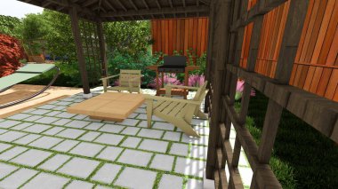 Memleketin peyzaj tasarımının 3 boyutlu görüntüsü. Bölgenin peyzajı. Birleşik peyzaj ve peyzaj çözümlerinin bilgisayar görselleştirmesi.