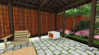 Memleketin peyzaj tasarımının 3 boyutlu görüntüsü. Bölgenin peyzajı. Birleşik peyzaj ve peyzaj çözümlerinin bilgisayar görselleştirmesi.