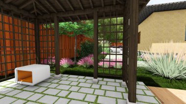 Memleketin peyzaj tasarımının 3 boyutlu görüntüsü. Bölgenin peyzajı. Birleşik peyzaj ve peyzaj çözümlerinin bilgisayar görselleştirmesi.