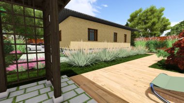 Memleketin peyzaj tasarımının 3 boyutlu görüntüsü. Bölgenin peyzajı. Birleşik peyzaj ve peyzaj çözümlerinin bilgisayar görselleştirmesi.