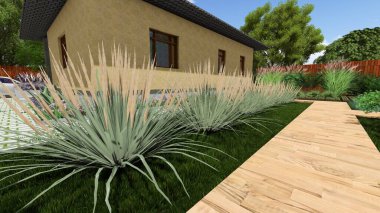 Memleketin peyzaj tasarımının 3 boyutlu görüntüsü. Bölgenin peyzajı. Birleşik peyzaj ve peyzaj çözümlerinin bilgisayar görselleştirmesi.