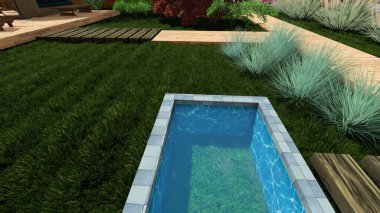 Memleketin peyzaj tasarımının 3 boyutlu görüntüsü. Bölgenin peyzajı. Birleşik peyzaj ve peyzaj çözümlerinin bilgisayar görselleştirmesi.