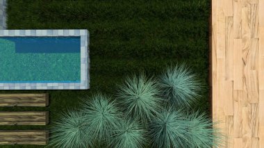 Memleketin peyzaj tasarımının 3 boyutlu görüntüsü. Bölgenin peyzajı. Birleşik peyzaj ve peyzaj çözümlerinin bilgisayar görselleştirmesi.