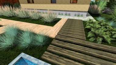 Memleketin peyzaj tasarımının 3 boyutlu görüntüsü. Bölgenin peyzajı. Birleşik peyzaj ve peyzaj çözümlerinin bilgisayar görselleştirmesi.