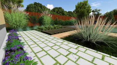 Memleketin peyzaj tasarımının 3 boyutlu görüntüsü. Bölgenin peyzajı. Birleşik peyzaj ve peyzaj çözümlerinin bilgisayar görselleştirmesi.