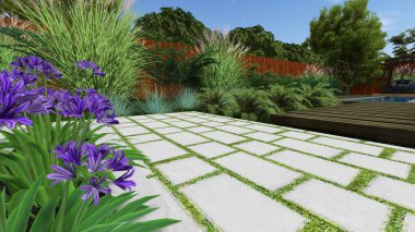 Memleketin peyzaj tasarımının 3 boyutlu görüntüsü. Bölgenin peyzajı. Birleşik peyzaj ve peyzaj çözümlerinin bilgisayar görselleştirmesi.