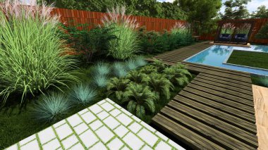 Memleketin peyzaj tasarımının 3 boyutlu görüntüsü. Bölgenin peyzajı. Birleşik peyzaj ve peyzaj çözümlerinin bilgisayar görselleştirmesi.