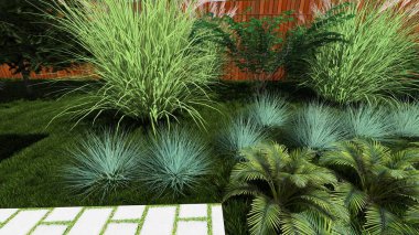 Memleketin peyzaj tasarımının 3 boyutlu görüntüsü. Bölgenin peyzajı. Birleşik peyzaj ve peyzaj çözümlerinin bilgisayar görselleştirmesi.