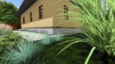 Memleketin peyzaj tasarımının 3 boyutlu görüntüsü. Bölgenin peyzajı. Birleşik peyzaj ve peyzaj çözümlerinin bilgisayar görselleştirmesi.