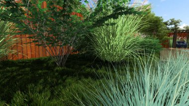 Memleketin peyzaj tasarımının 3 boyutlu görüntüsü. Bölgenin peyzajı. Birleşik peyzaj ve peyzaj çözümlerinin bilgisayar görselleştirmesi.