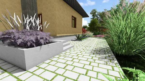 Memleketin peyzaj tasarımının 3 boyutlu görüntüsü. Bölgenin peyzajı. Birleşik peyzaj ve peyzaj çözümlerinin bilgisayar görselleştirmesi.