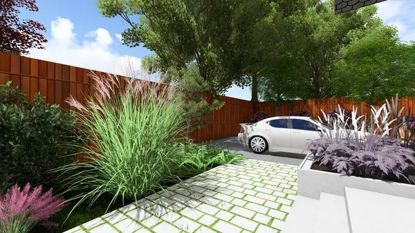 Memleketin peyzaj tasarımının 3 boyutlu görüntüsü. Bölgenin peyzajı. Birleşik peyzaj ve peyzaj çözümlerinin bilgisayar görselleştirmesi.