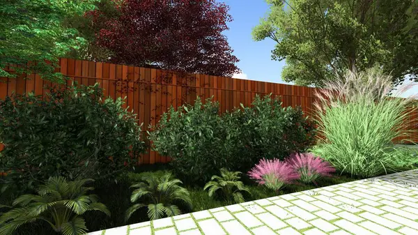 Memleketin peyzaj tasarımının 3 boyutlu görüntüsü. Bölgenin peyzajı. Birleşik peyzaj ve peyzaj çözümlerinin bilgisayar görselleştirmesi.