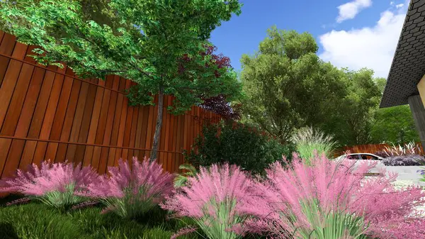 Memleketin peyzaj tasarımının 3 boyutlu görüntüsü. Bölgenin peyzajı. Birleşik peyzaj ve peyzaj çözümlerinin bilgisayar görselleştirmesi.