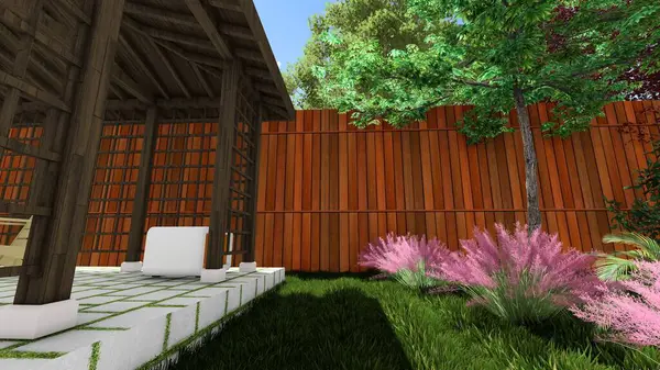 Memleketin peyzaj tasarımının 3 boyutlu görüntüsü. Bölgenin peyzajı. Birleşik peyzaj ve peyzaj çözümlerinin bilgisayar görselleştirmesi.