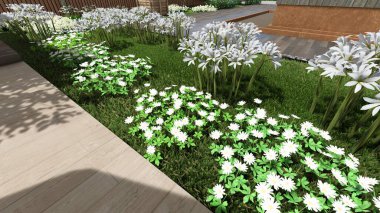 Memleketin peyzaj tasarımının 3 boyutlu görüntüsü. Bölgenin peyzajı. Bileşik peyzaj ve peyzaj çözümlerinin bilgisayar görselleştirmesi. Beyaz bahçe