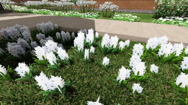 Memleketin peyzaj tasarımının 3 boyutlu görüntüsü. Bölgenin peyzajı. Bileşik peyzaj ve peyzaj çözümlerinin bilgisayar görselleştirmesi. Beyaz bahçe