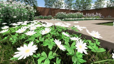 Memleketin peyzaj tasarımının 3 boyutlu görüntüsü. Bölgenin peyzajı. Bileşik peyzaj ve peyzaj çözümlerinin bilgisayar görselleştirmesi. Beyaz bahçe