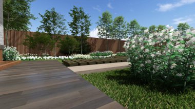 Memleketin peyzaj tasarımının 3 boyutlu görüntüsü. Bölgenin peyzajı. Bileşik peyzaj ve peyzaj çözümlerinin bilgisayar görselleştirmesi. Beyaz bahçe