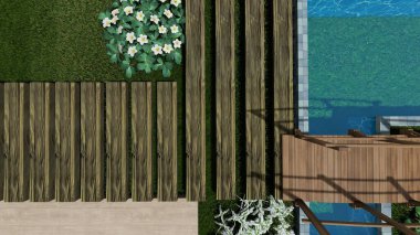 Memleketin peyzaj tasarımının 3 boyutlu görüntüsü. Bölgenin peyzajı. Bileşik peyzaj ve peyzaj çözümlerinin bilgisayar görselleştirmesi. Beyaz bahçe