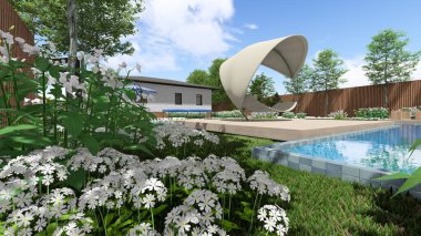 Memleketin peyzaj tasarımının 3 boyutlu görüntüsü. Bölgenin peyzajı. Bileşik peyzaj ve peyzaj çözümlerinin bilgisayar görselleştirmesi. Beyaz bahçe