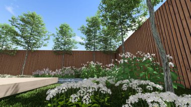 Memleketin peyzaj tasarımının 3 boyutlu görüntüsü. Bölgenin peyzajı. Bileşik peyzaj ve peyzaj çözümlerinin bilgisayar görselleştirmesi. Beyaz bahçe