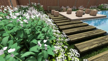 Memleketin peyzaj tasarımının 3 boyutlu görüntüsü. Bölgenin peyzajı. Bileşik peyzaj ve peyzaj çözümlerinin bilgisayar görselleştirmesi. Beyaz bahçe