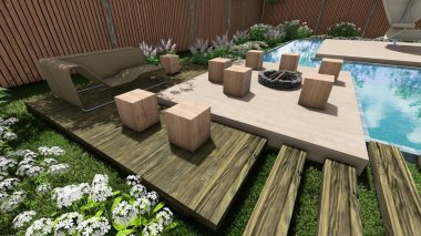 Memleketin peyzaj tasarımının 3 boyutlu görüntüsü. Bölgenin peyzajı. Bileşik peyzaj ve peyzaj çözümlerinin bilgisayar görselleştirmesi. Beyaz bahçe